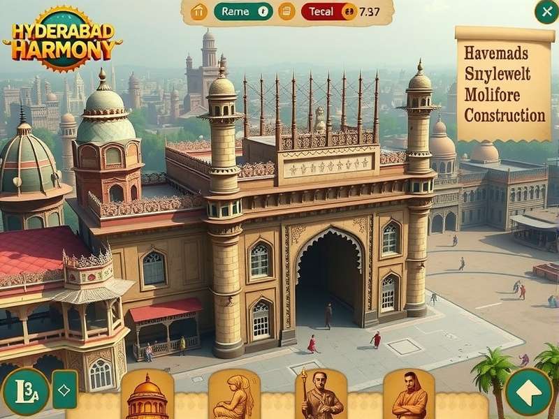 Hyderabad Harmony game screenshot showing Charminar reconstruction